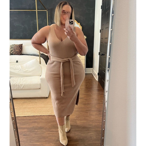 GOOD AMERICAN Rib Tie Waist Midi Dress Taupe Beige Maxi Sexy Cocktail Curvy 4X 7 - Picture 15 of 15